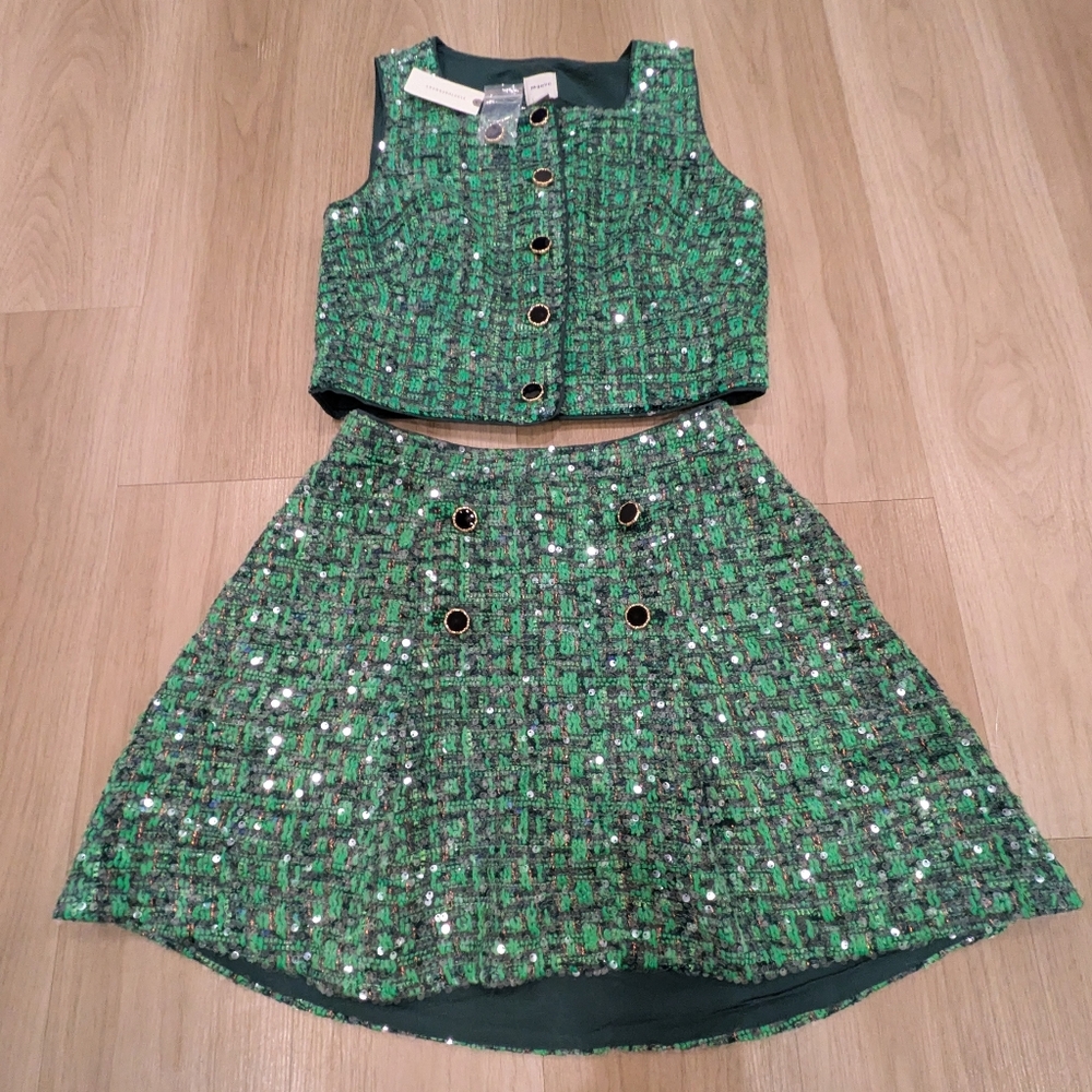 Anthropologie Maeve Green Sequin Tweed Two-Piece Skirt Set